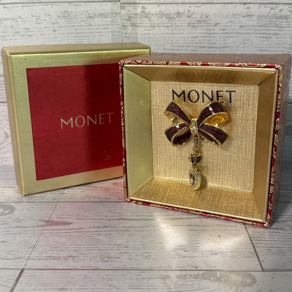 Monet Brooch Red Double Bow Pin With Dangle Heart Charms Original Box Estate VTG